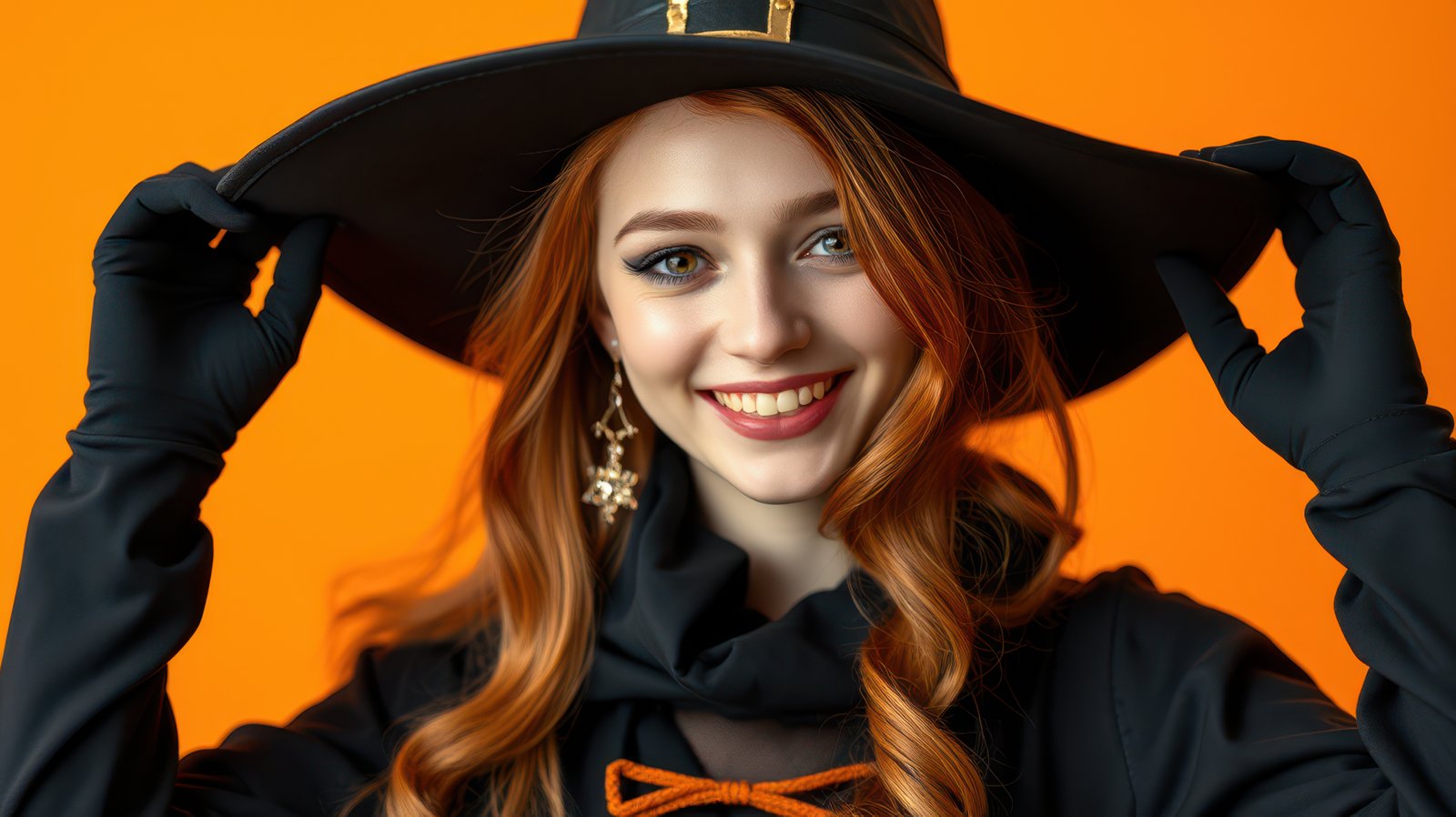 A woman in a witch costume smiles for the camera while holding her hat